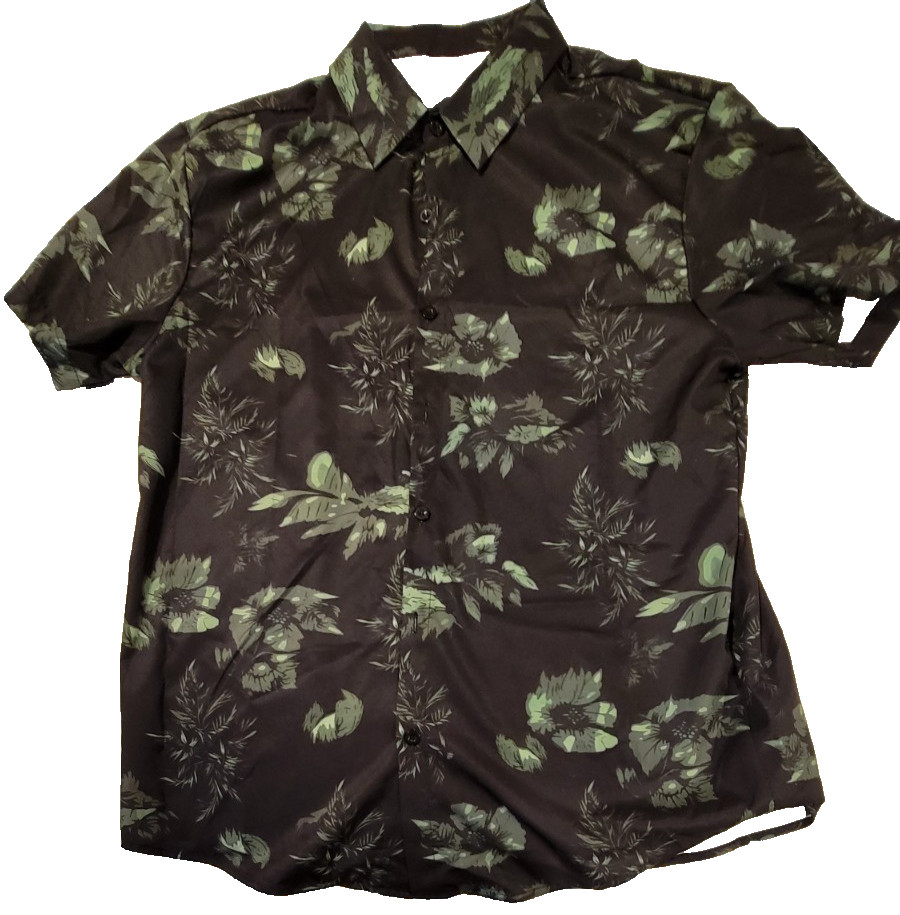 New XL Men’s Collared Button Front Green Floral Shirt 95% Rayon Short Sleeves