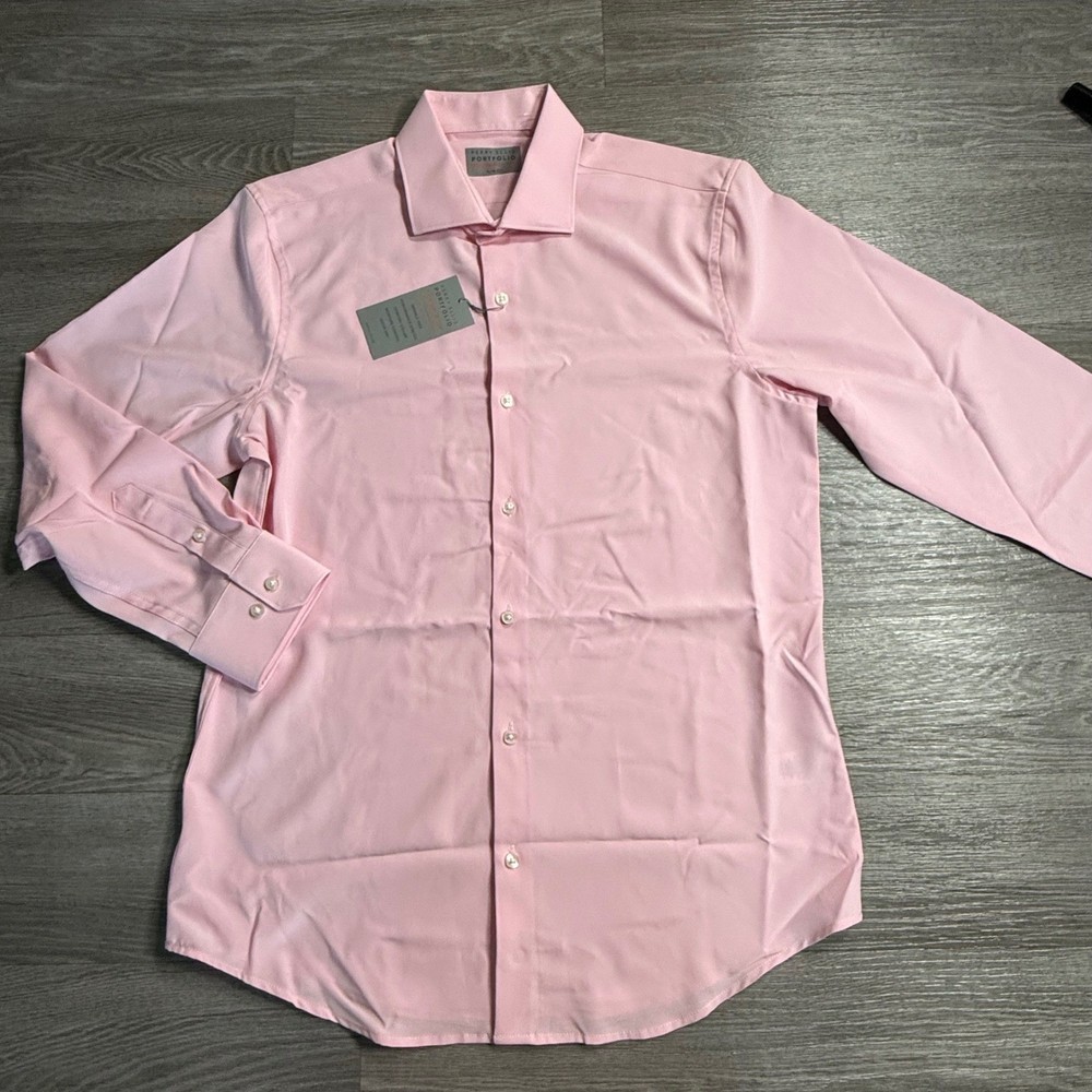 Perry Ellis Portfolio Performance Tech Slim Fit Dress Shirt Pink Mens M 15-15.5