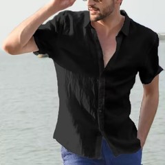 Men’s Summer Cotton Linen Short Sleeve Shirt Casual Solid Button-Down M-3XL