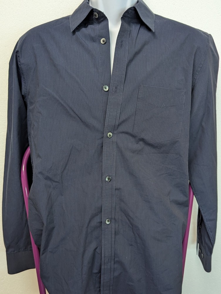 M – Calvin Klein Collection Solid Dark Blue Button-Up Shirt Woven Long Sleeve