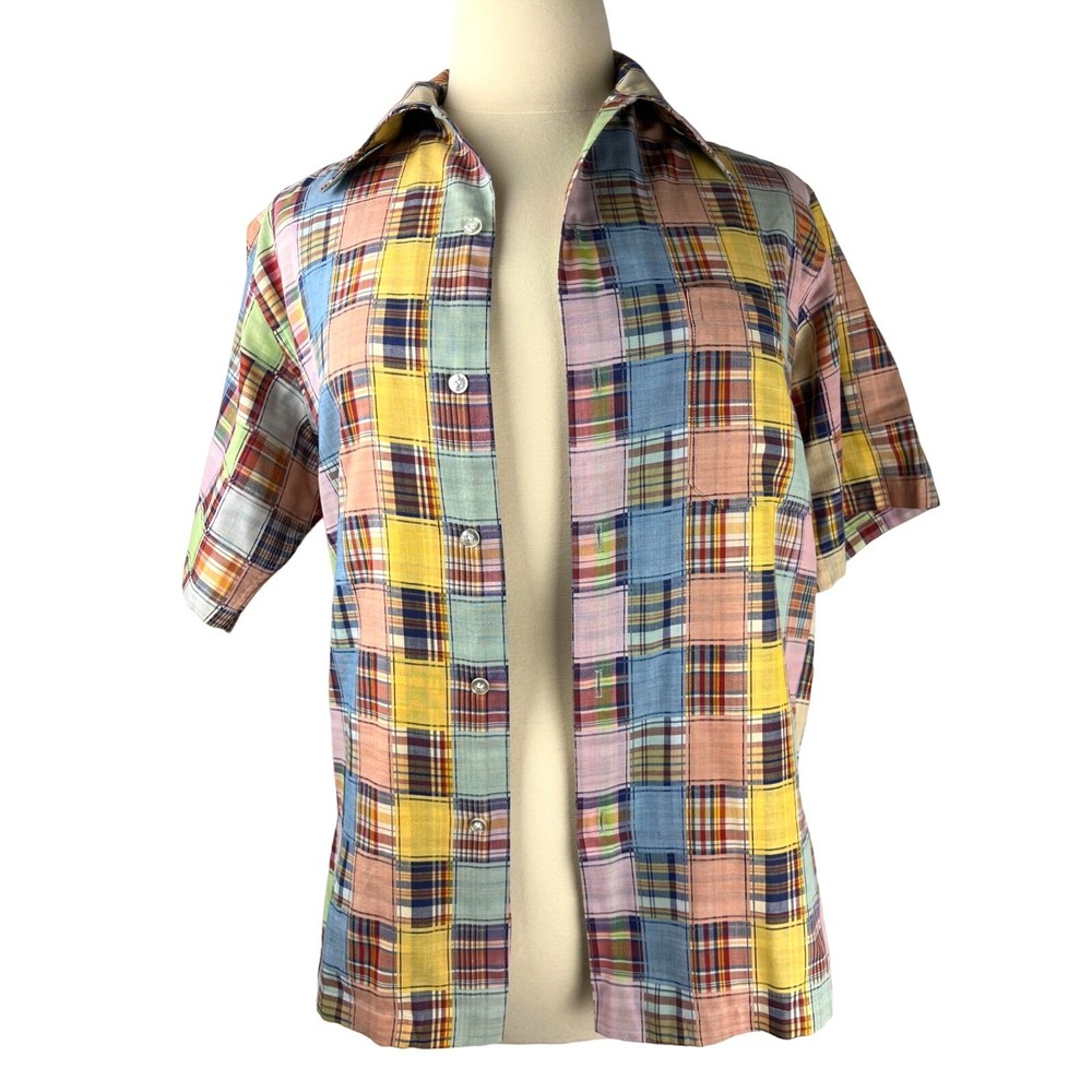 Vintage Patchwork Coastal Surfer Short Sleeve Button Down Shirt, Men’s Large