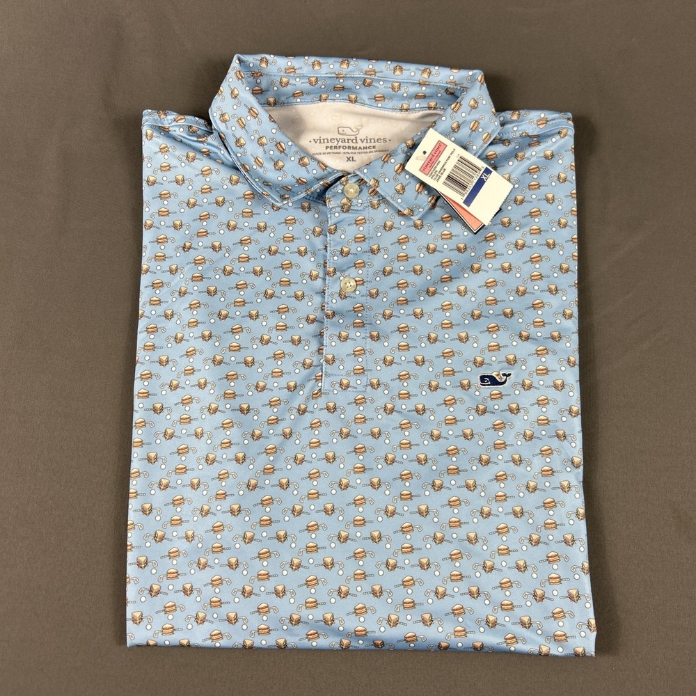 Vineyard Vines Golf Shirt Polo Club Sandwich Print XL Blue Polyester Spandex