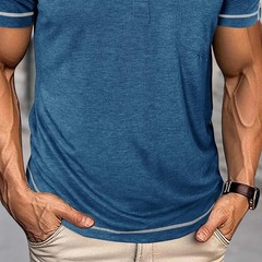 Men Short Sleeve Solid Half Open Collar T-shirt Button Pullover Casual Tee