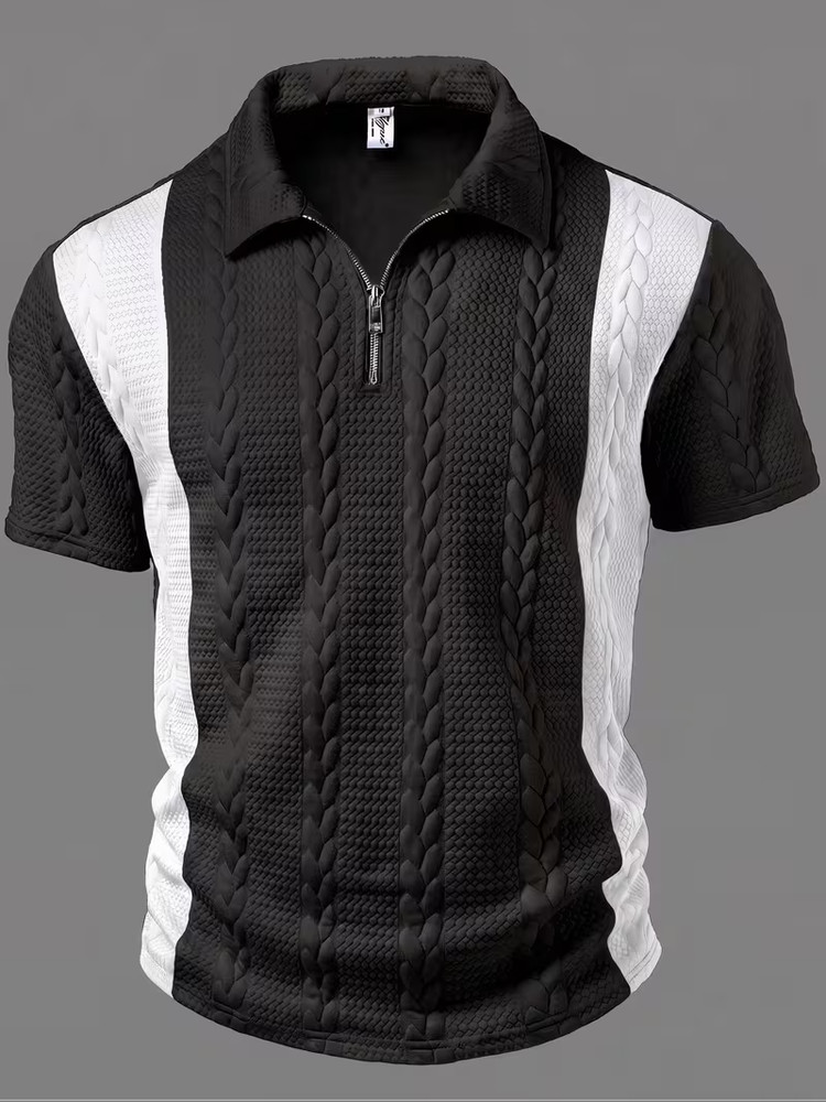 Men’s Short Sleeve Polo Shirt Jacquard Knit Quarter Zip Casual Summer Golf Top