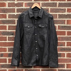 AllSaints Mens IRWIN Leather Shirt LARGE Black Biker Jacket Bomber Slim Fit