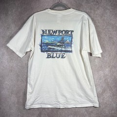 Vintage Newport Blue T-Shirt Mens XL White Graphic Boat Nautical 90s STAINED