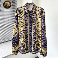 Button Down Shirt Men Black Gold Baroque Leopard Casual Mens Long Sleeve Shirt