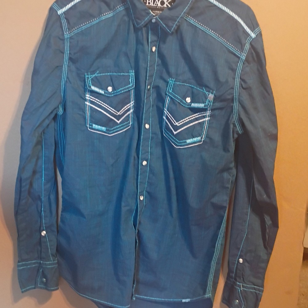 Buckle Black Men’s Solid Blue Woven Tailored Long Sleeve Button-Up Point L