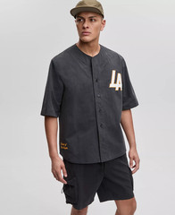 Mode of One Men’s Washed Crinkle Baseball Jersey Cotton Blend Deep Black-2XL