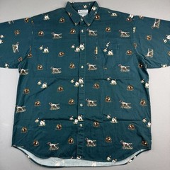 Columbia Mens XXL Hunting Dog Bird Dog Print Shirt Green Cotton Button Down