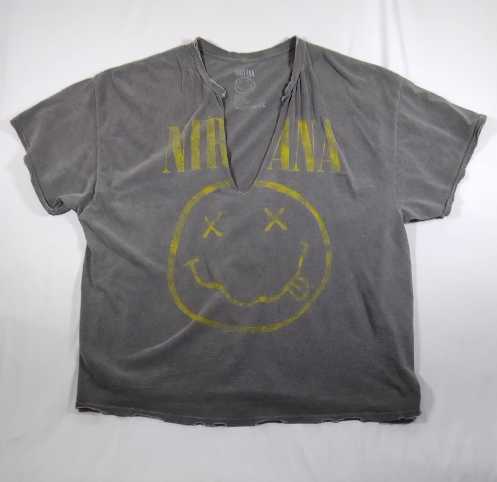 Nirvana Smiley Face Oversized Grunge Tee Gray Distressed Streetwear 1X 2X