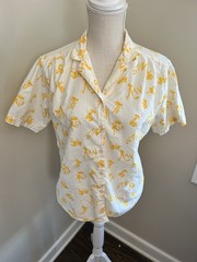 Vintage 90s Mustard Yellow Abstract Print Cotton Shirt Womens M Cottagecore