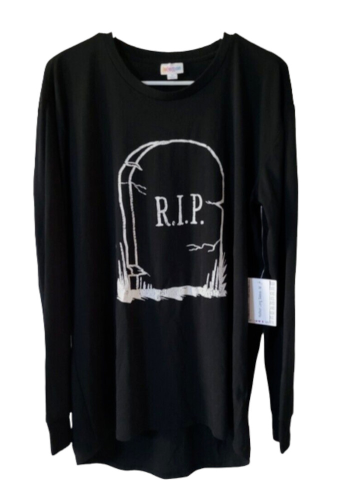 Lularoe RIP Headstone Medium Hudson Long Sleeve Halloween White & Black New!