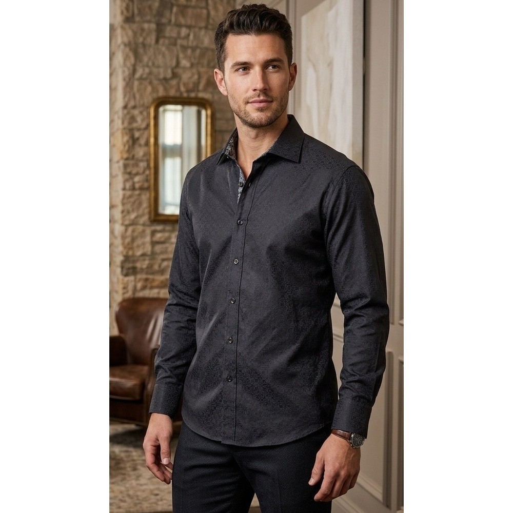Bugatchi Uomo Geometric Jacquard Button Down Long Sleeve Shirt Men’s Large Black