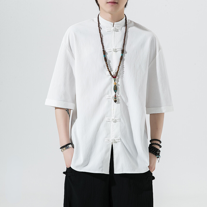 Men Chinese Asian T-Shirt Frog Button Half Sleeve Shirt Blouse Top Casual Ethnic