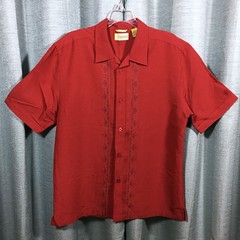 Mens Large Cubavera Rayon Polyester SS Button Front Shirt Pleats Embroidery Red