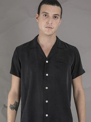 L Basic Rights Black Camp Collar Shirt Tencel Black Vintage Bowling Inspired