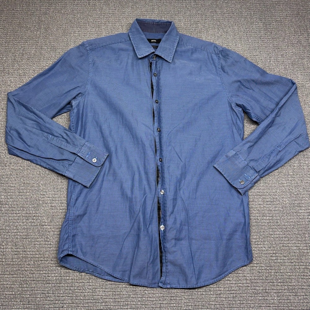 Hugo Boss Regular Fit Blue Micro Pattern Button Down Shirt Mens Medium 9332