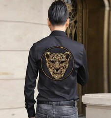 New Men Fashion Leopard Trend Rhinestones Hot Drilling Long Sleeve Button Shirt