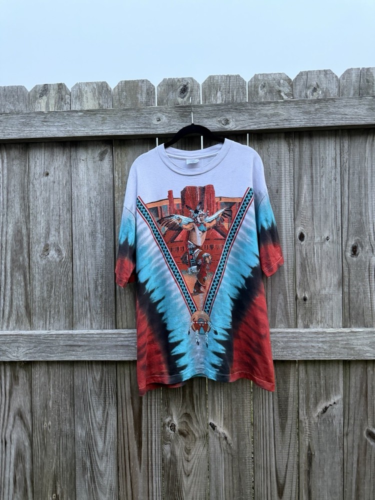 Insane Vintage Liquid Blue Native American Eagle All Over Print Tee USA XL #90s