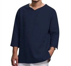 Men’s 3/4 Sleeve Casual Cotton Pullover V-Neck Loose Fit Beach Shirt