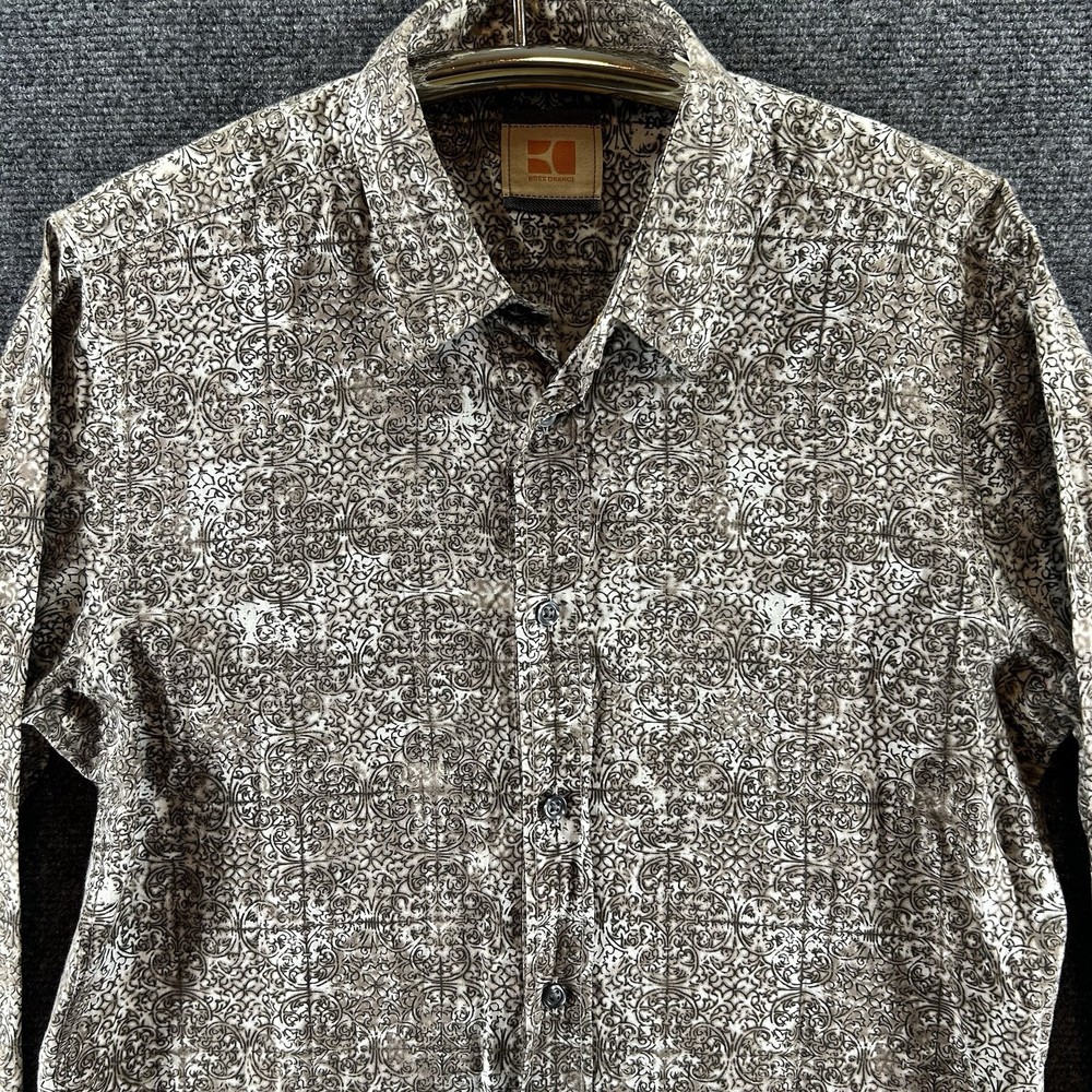 Hugo Boss Orange Dress Shirt Mens S Slim Fit Damask/Baroque Pattern 100% Cotton