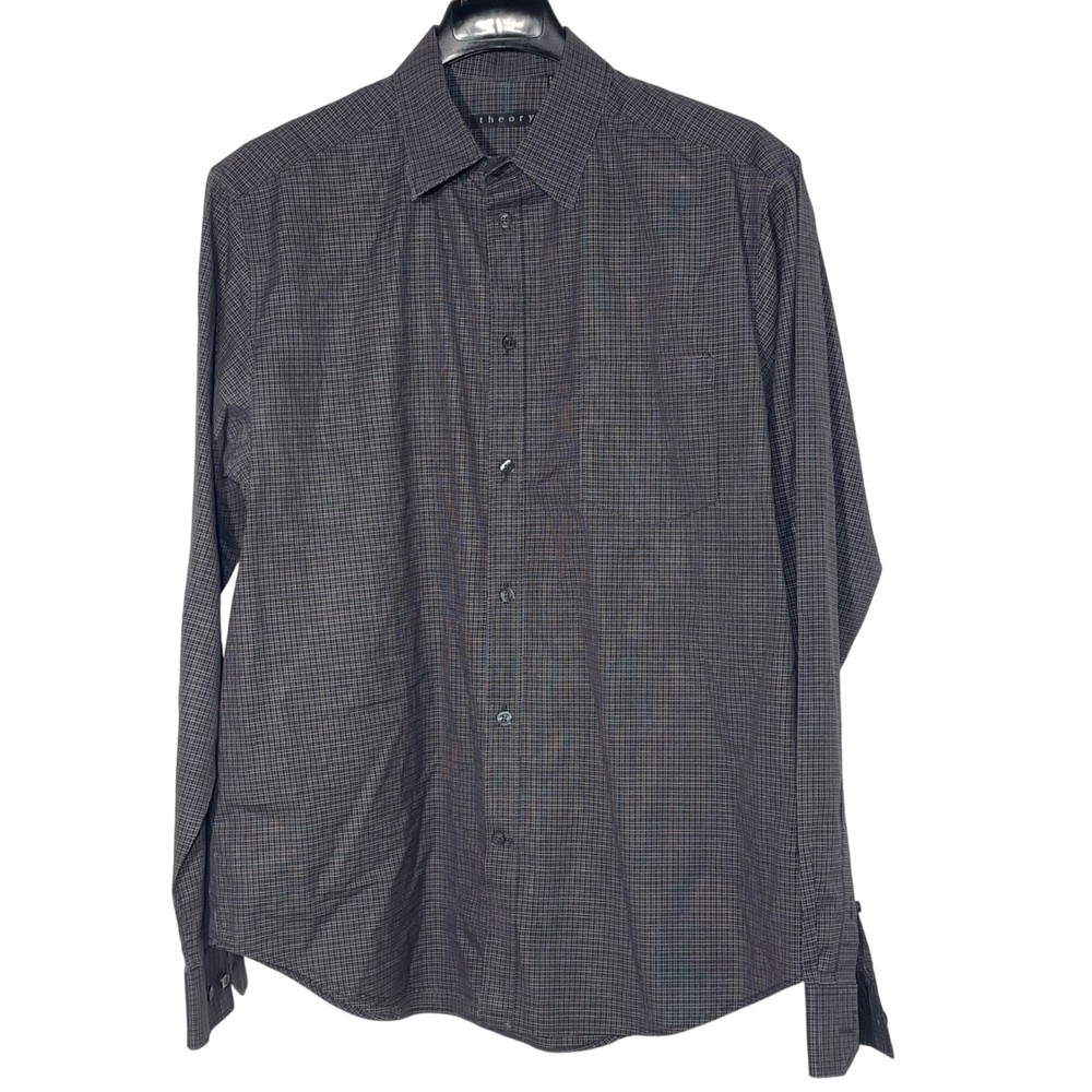 Theory Kyson Micro Checked Button Down Cotton Dress Shirt Purple Black Sz LG