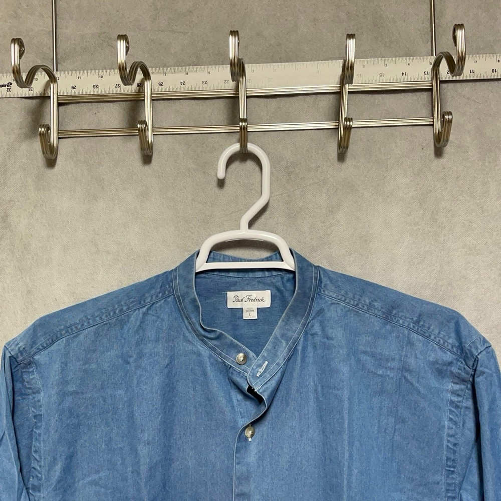 VTG Paul Fredrick Shirt Men L Blue Denim Chambray Blade Collar Button Up L/S USA