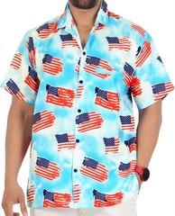 LA LEELA Mens Hawaiian Short Sleeve Button Down Shirts L US Flag, Blue