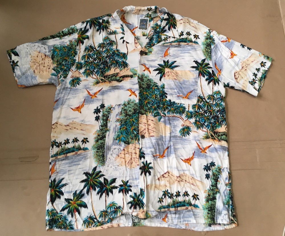 Ocean Current Original Button Up Shirt Large Beach Sailing Sand Palm Trees Water