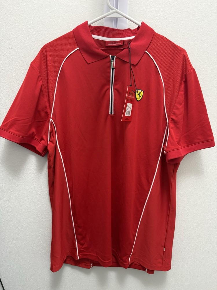 Ferrari Men’s Red Solid Knit Polo Shirt Short Sleeve Zip Logo, Regular XXL