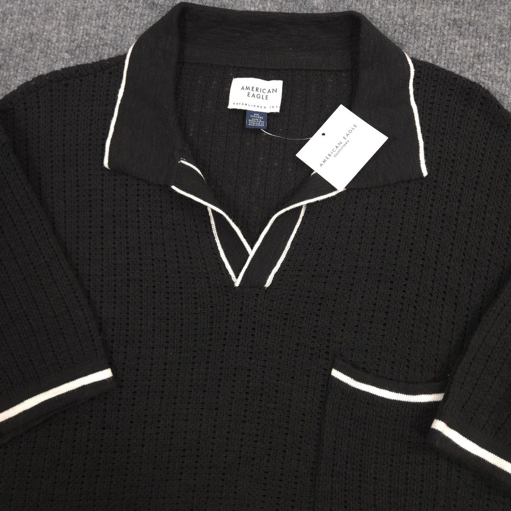 American Eagle Sweater Polo Shirt Mens XXL Black Johnny Collar Tipped Preppy NEW