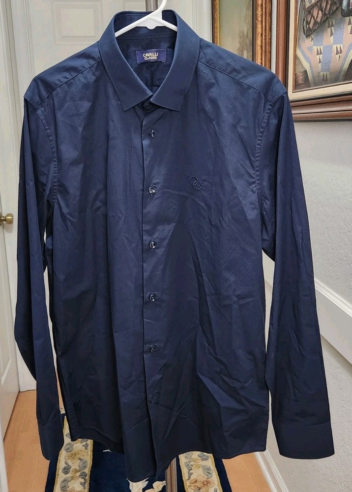 Roberto Cavalli Class Mens Button Down Long Sleeve Dress Shirt Size 42 16.5 Navy