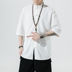 Men Chinese Asian T-Shirt Frog Button Half Sleeve Shirt Blouse Top Casual Ethnic
