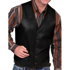 Mens Solid Leather V Neck Pocket Retro Color Vest Blouse+ Button Western Cowboy