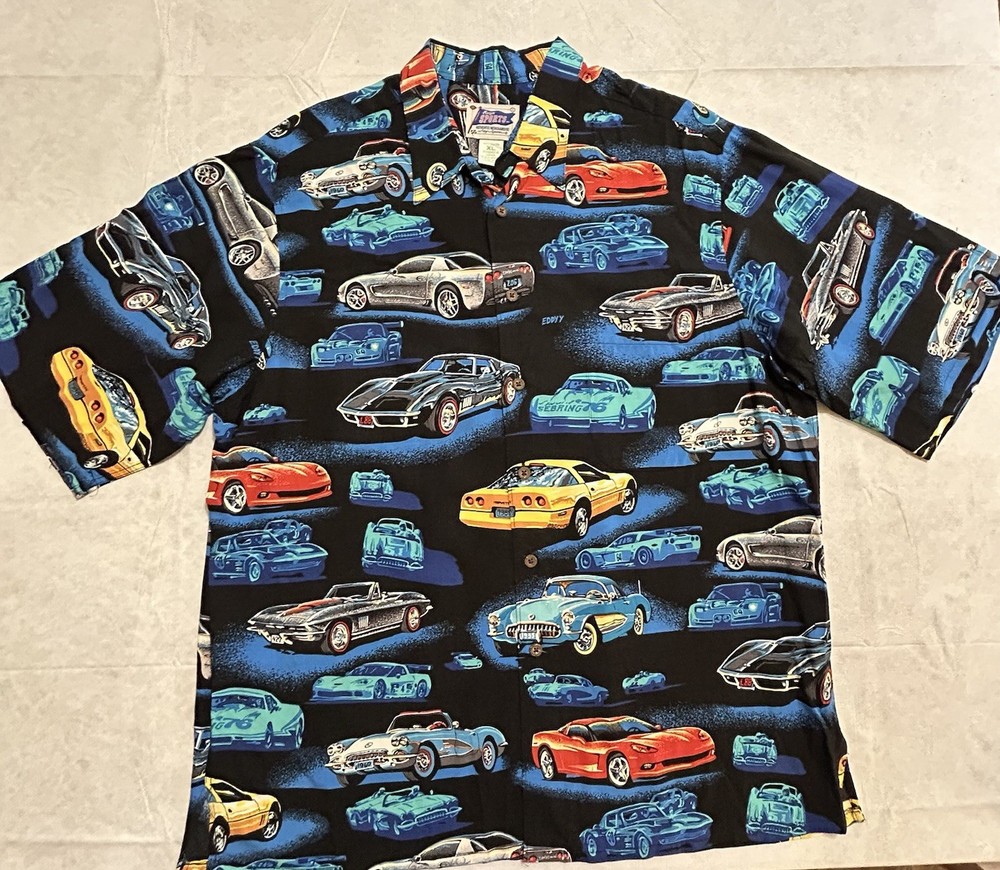 Vintage Reyn Spooner Sports Art Of Eddy Y Corvette Classic Cars Rayon Mens XL