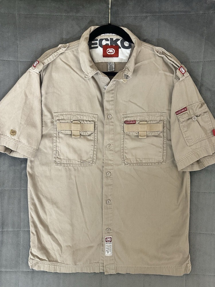 Y2K Ecko Unltd Button Down Utility Safari Style Shirt Mens Size Large Tan Vented