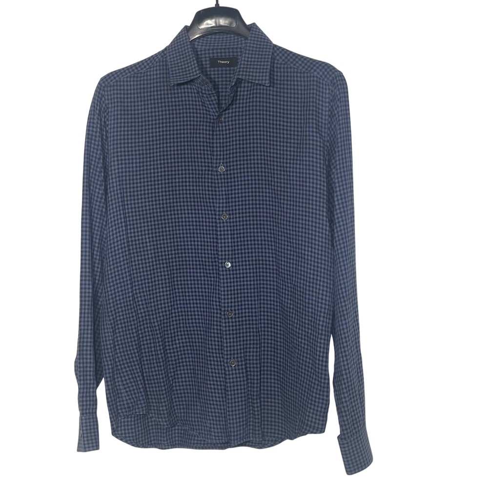 Theory Sylvain Checked Button Down Shirt Cotton Blue Sz SM Casual Lightweight
