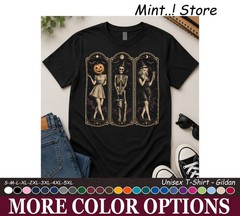 Gothic Halloween Triptych Shirt, Pumpkin Witch Skeleton Tee