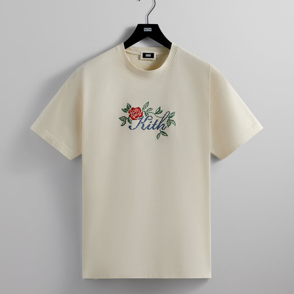 Kith Script Needlepoint Logo Tee Sandrift XXL Rose Floral T-Shirt Ronnie Fieg