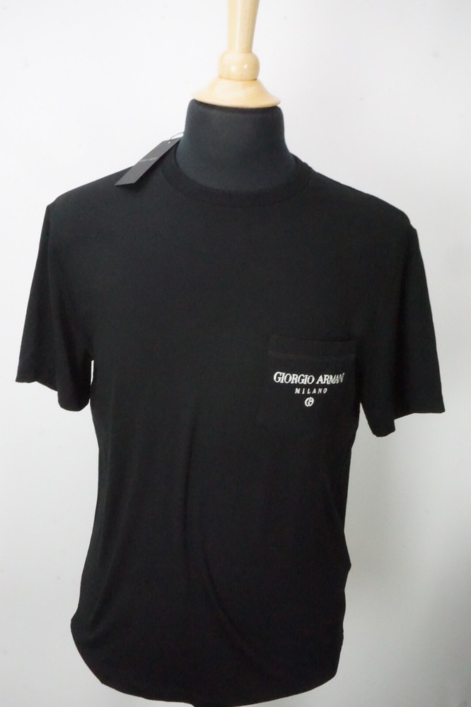 Giorgio Armani Solid Black Short Sleeve Cotton Blend Pocketed Shirt 48 EU 38 US