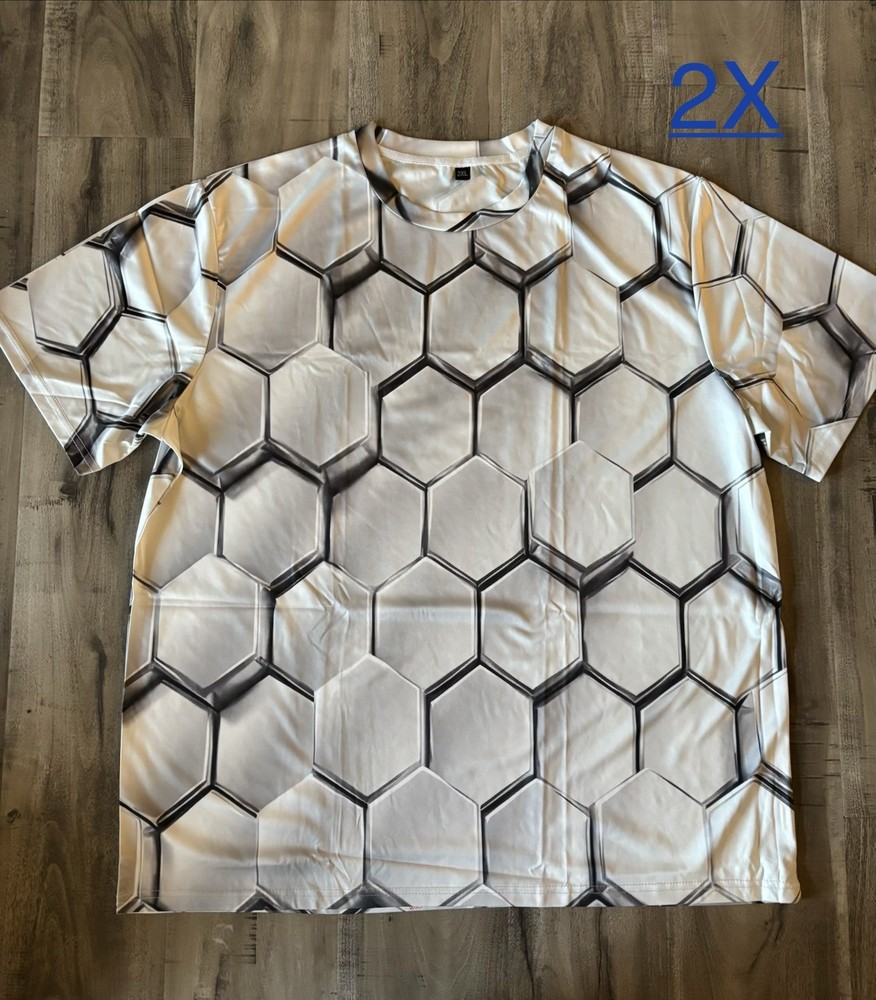 Geometric Hexagon Pattern White Black 2X Crew Neck Short Sleeve Men’s T-Shirt