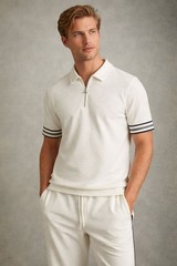 Reiss Mens Bristol Polo Shirt Off White Smart Casual Short Sleeve Stripe RRP £78
