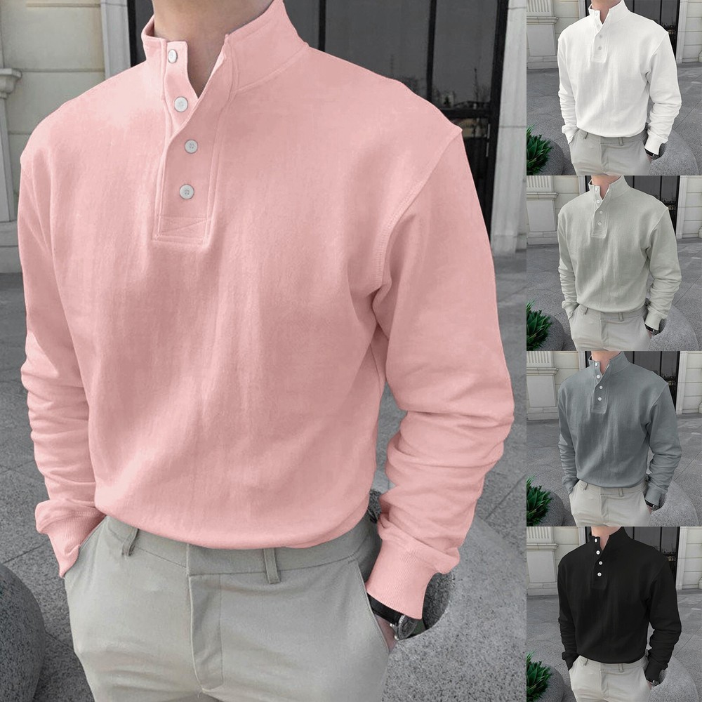 Men Button High Neck Stand Collar Solid Blouse Long Sleeve Top Cotton Shirt