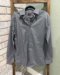 J. Ferrar Stretch Slim Fit Gray Solid Point Collar Dress Shirt M 15-15.5 32/33