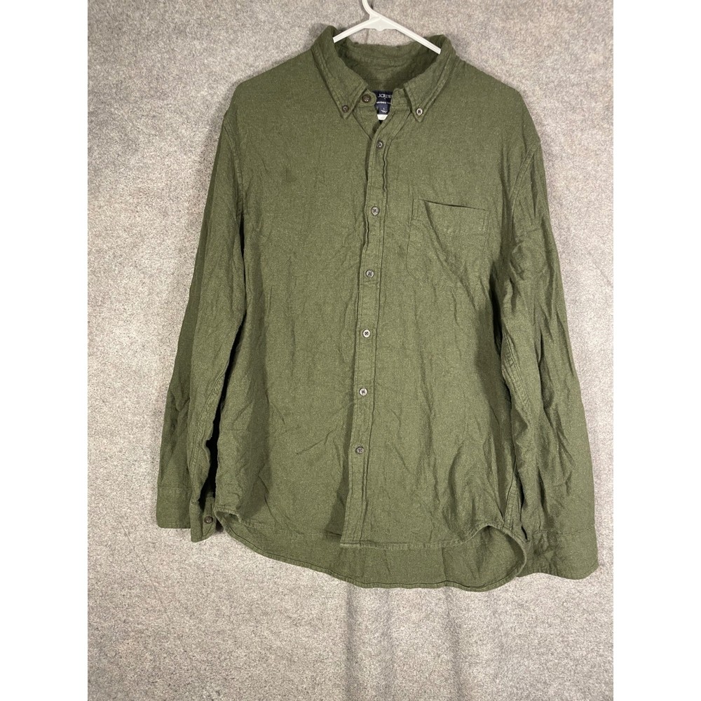 J. Crew Mens Brushed Twill Button Down Shirt Olive Green Cotton Large L L/S