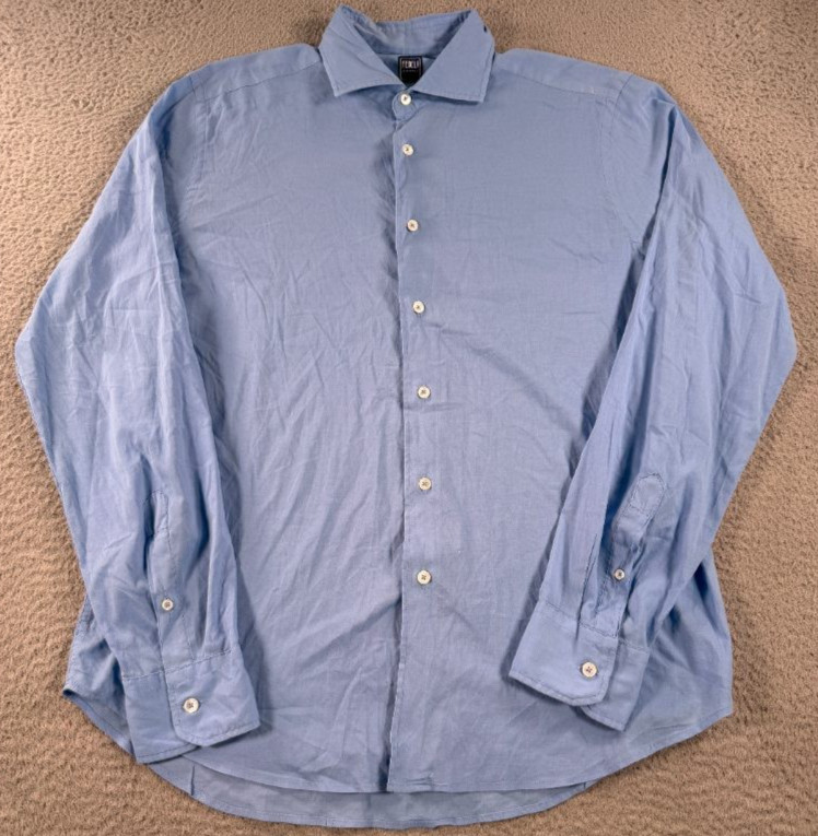 Fedeli Dress Shirt Mens 16.5 42 Blue Cotton Stretch Long Sleeve Made in Italy