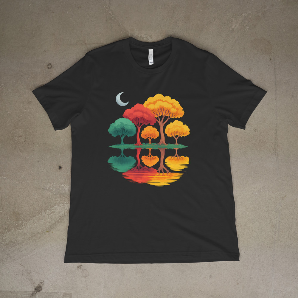 Nature Trees Reflection Tee Colorful Sunset Art Shirt Moon Graphic Unisex