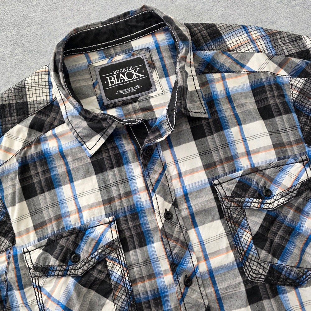 Buckle Black Mens Athletic Fit Plaid Button Down Shirt BB087NM Black Blue XXL