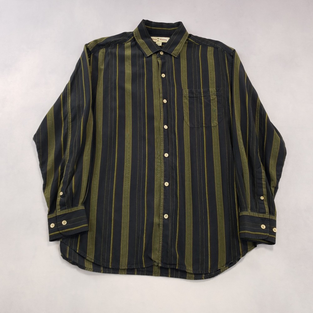 Tommy Bahama Button Up Silk Shirt Men Large Stripe Black Green Yellow Multicolor